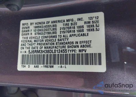 2013 Honda Cr-V Lx z USA, uszkodzony, nr VIN 5J6RM3H38DL012455